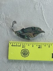 Vintage Abalone Shell Leaf Brooch Pin Clear Rhinestones Inlaid MCM Mermaidcore