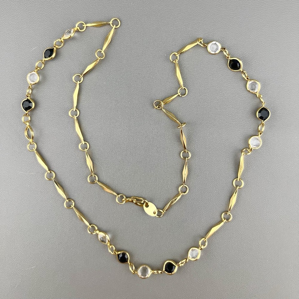Vintage Chain Necklace Faceted Crystal Bezel Set Bar Link Gold Tone 23”