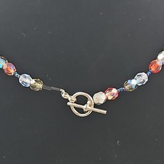 Artisan Glass Beaded Necklace Red Blue Clear Crystal Foil Beads Toggle Clasp VTG