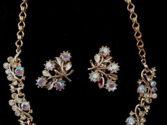 Aurora Borealis Set Necklace Clip On Earrings Rhinestone Vintage Demi