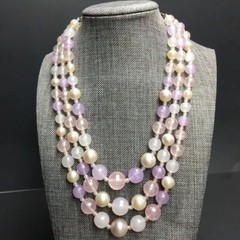 Graduated Triple Strand Necklace Lilac Purple Pearl Silver Round Faceted Vintage