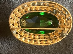 Atq 1920s Czechoslovakian Czech Emerald Green glass Tiered Art Deco brooch Pin