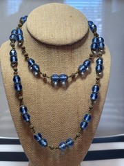 Antique Art Deco Blue Czech Glass & Brass Filigree 34 Inch Necklace 20s-30s