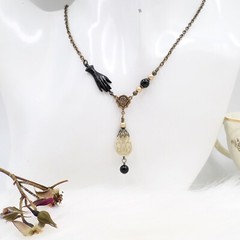 Victorian Reproduction Hand Necklace, Cream Black Gold Acrylic Metal Jewelry