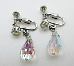 VTG GLASS CRYSTAL ? EARRINGS AB BEAD SCREW BACK drop dangle Silver tone Earrings
