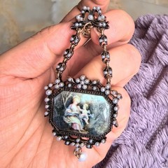 Vintage European Opulent Pearl Oil Painting Portrait Inlay Dangle Earrings Heavy