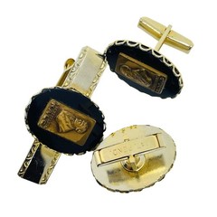 Vintage gold tone black glass A SENEFELDER N.A.L.C. tie clip cufflinks set