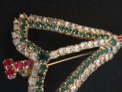 Vintage Gold Tone Green White Red Rhinestone Christmas Tree Outline Brooch
