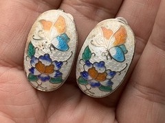 Vintage Cloisonne Enamel Butterfly Clip Earrings Oval Silver Tone Repaired