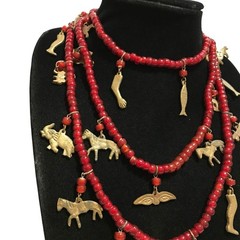 Vintage Chachal Red Glass Bead Necklace Brass Animal Charms 56” Strand India