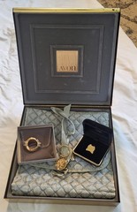 Avon 100 Year Anniversary 1986 Lot: Gold Jewelry Box, Rose Keychain, Brooch, Pin