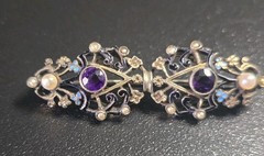 Antique Art Deco Silver Czech Glass & Seed Pearl Enamel Brooch
