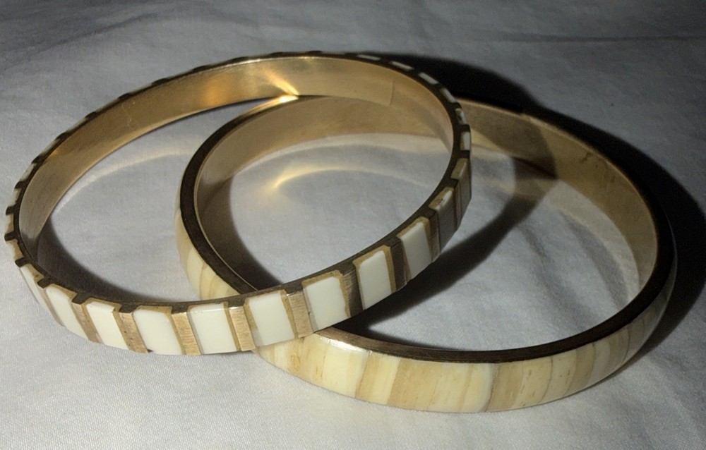 2Bz India Bangles Brass White Inlay Bangle Bracelet Lot Of 2