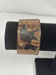 Copper and Zinc Vintage Wide Cuff Bracelet with Etched Elephant