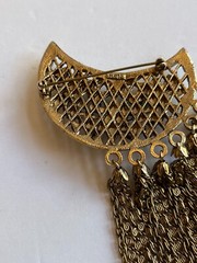 Lisner Vintage Crescent Moon Pin Brooch Jeweled Tassels Gold Tone Blue Green