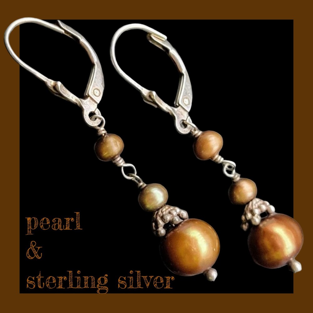 Vintage GOLDEN BROWN PEARL & Sterling Silver Earrings BOHO Ethnic GYPSY Pagan
