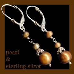 Vintage GOLDEN BROWN PEARL & Sterling Silver Earrings BOHO Ethnic GYPSY Pagan