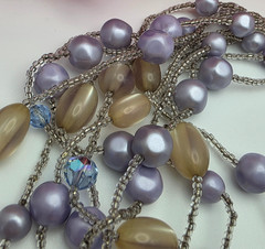 Vintage Lavender Faux Pearl Crystal Lucite 10 Strand Waterfall Necklace 21 In