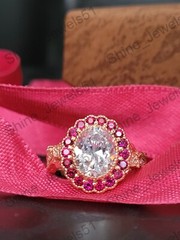 Art Deco Oval Cut Lab Created Diamond & Ruby Halo Wedding Bridal 925 Silver Ring
