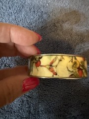 Vintage 1980’s Enamel Hinged Cuff Bracelet Floral And Birds