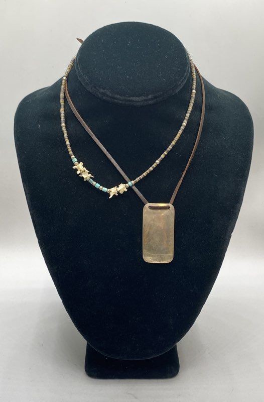 925 Sterling Silver Dog Tag & Southwestern Bone Turquoise Necklace Lot 10.7g