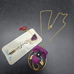 Purple Violet Necklace Stick Pin Set Vintage Floral Flower Jewelry