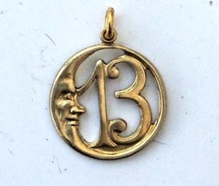 LUCKY 13 Crescent Moon Pendant Charm. Gold Tone. Retro Vintage style Good Luck.