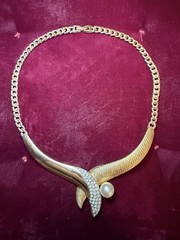 VTG CRAFT Gold Tone Collar Asymmetrical Rhinestone Pearl Choker Necklace