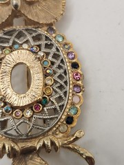 Vintage Owl Brooch Gold Tone Multi Color Rhinestone Figural Bird Pin Green Eyes