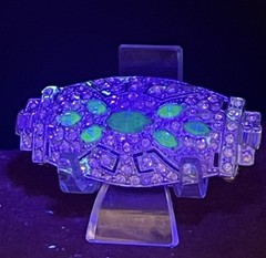 Art Deco Blue Uranium Glow Clear Paste Brooch w/ Baguette & Pavé Rhinestones 2”