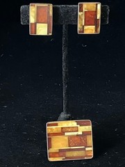 Vintage Baltic Amber Brooch Earring Clip On Set Mosaic Sterling Silver