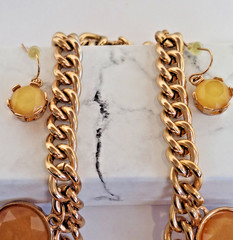 Vintage Yellow Stones & Gold-Toned Chunky Chain Statement Necklace & Earring Set