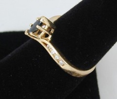 Vtg ASH 14K Yellow Gold Marquise Dark Blue Sapphire & Diamond Ring Size 7.5 585