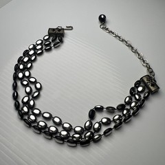 Vintage 70s Black Bead Acrylic Resin Choker Necklace Silver Tone Boho Hook 15”