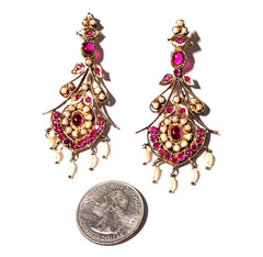 Vintage Chunky Gold Plated Kundan Wedding Earrings Simulated Ruby & River Pearls