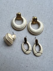 Lot of 3 Vintage White and Gold Enamel Earrings 1980s-90s (No backs)
