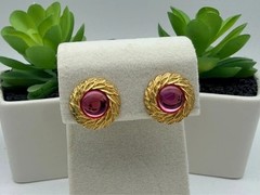 Vintage Trifari Stud Earrings Gold Tone Laurel Wreath Pink Cabochon Signed