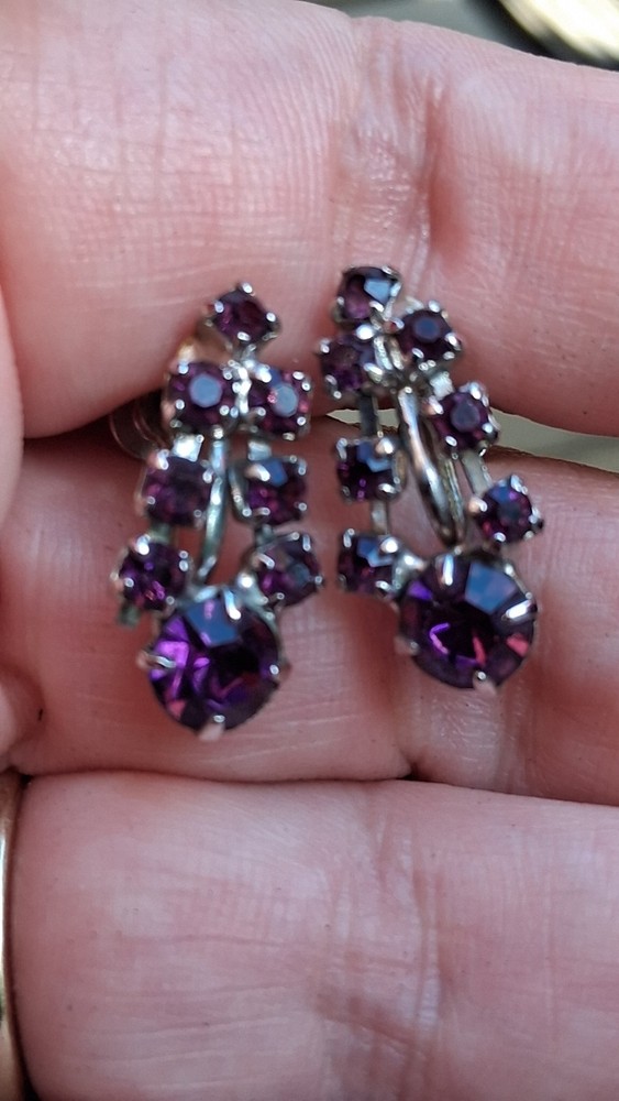 Vintage Amethyst Purple Rhinestone Earrings MidCentury Waterfall Cluster Costume