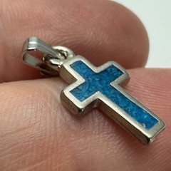 Cross Pendant Charm Silver Tone Turquoise Chip Inlay Religious Waldeck Johnson