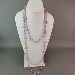 Vintage Art Deco Beaded Necklace Blue Givre Pink Milk Glass 59″ Long Flapper