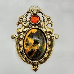 Vintage Baroque Pin Brooch Gold Tone Faux Pietersite Art Glass Cab Estate