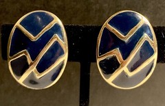 Memphis Style Geometric Earrings 1980s Navy Blue Gold Tone Clip-On Vintage Retro