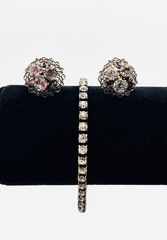 Vtg CZECH Screw-back Cluster EARRINGS and BRACELET SET-Gold Tone-RHINESTONE