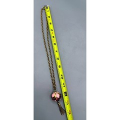 Vintage Gold Tone Orb Pendant Necklace Pink Enamel Rhinestone Tassel 28 Inch