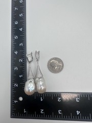 2.6” White Baroque Flameball Pearl Drop Earrings CZ Leverback Bridal Gift
