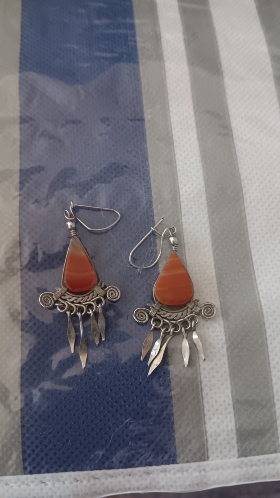 Vintage Sterling Silver 925 Banded Orange Agate Dangle Earrings