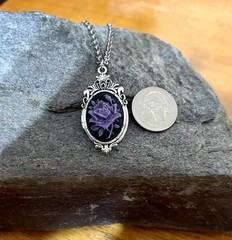 Victorian Purple Rose Cameo HIDDEN Locket Necklace Vintage Pillbox Stash Pendant