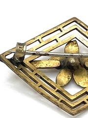 Antique Art Nouveau Brass Red Crystal Flower Openwork Brooch Pin