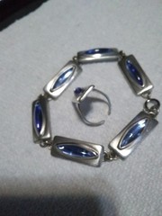 Jargen Jensen Denmark 1960s MCM Pewter Blue Glass Cabochon Ring and Bracelet