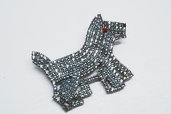 Vintage brooch Gablonz dog terrier rhinestone light blue 6 cm.